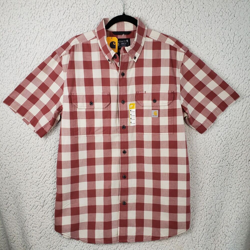 Carhartt Shirt Mens M Red White Plaid Short Sleeve Cotton Workwear Indie 46x31